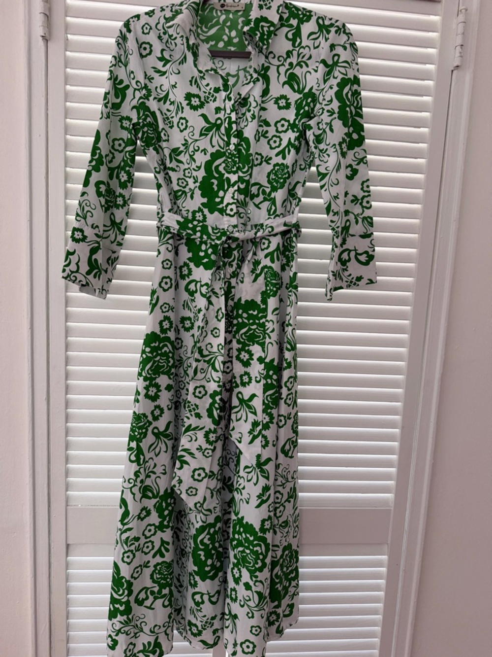 Green Floral Maxi Shirtdress with Tie Waist